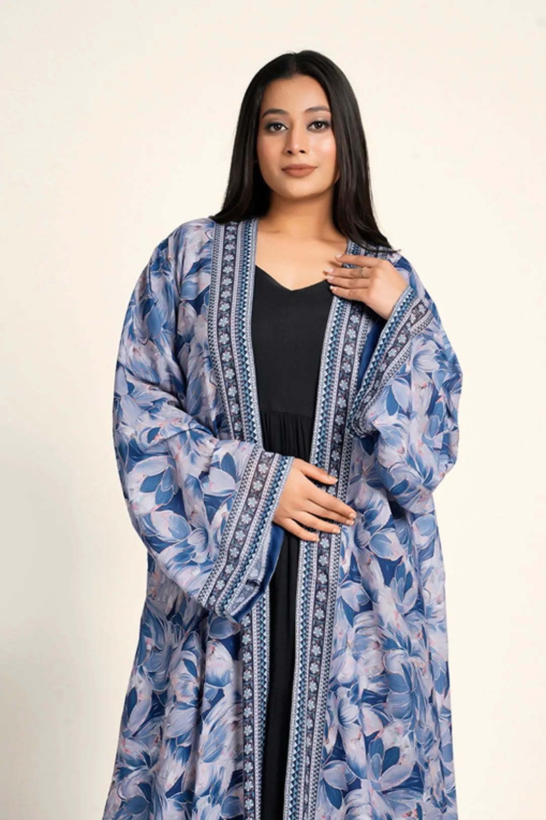 Blue Floral Chiffon Open Shrug Full Length Women Modest Wear