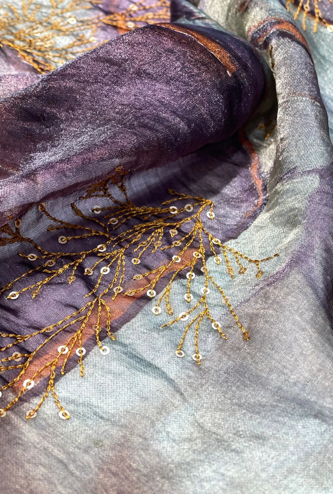Branch Sequin Embroidered Marbled NC Satin Fabrication