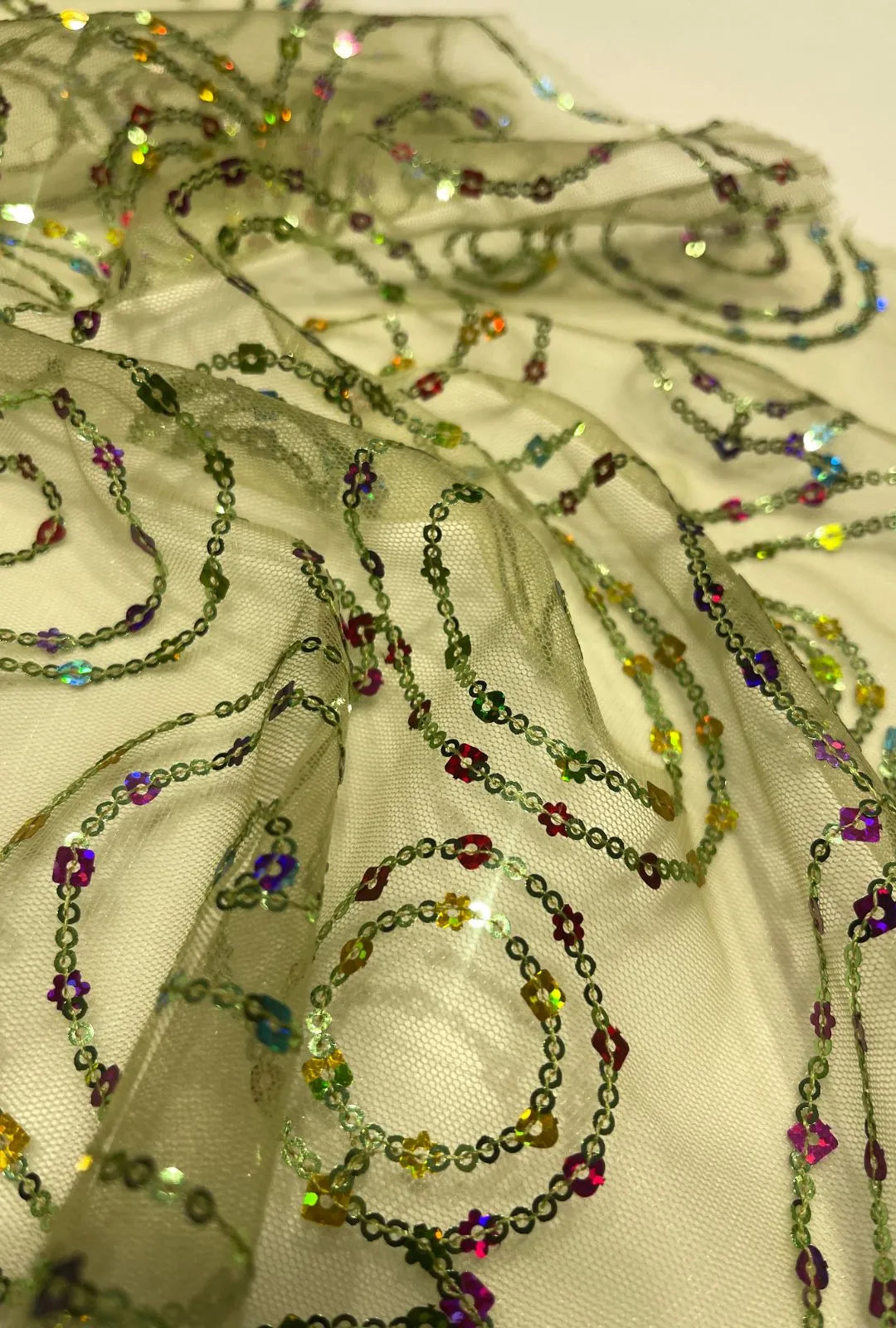 Concentric Spiral Sequence Embroidered Net Fabric