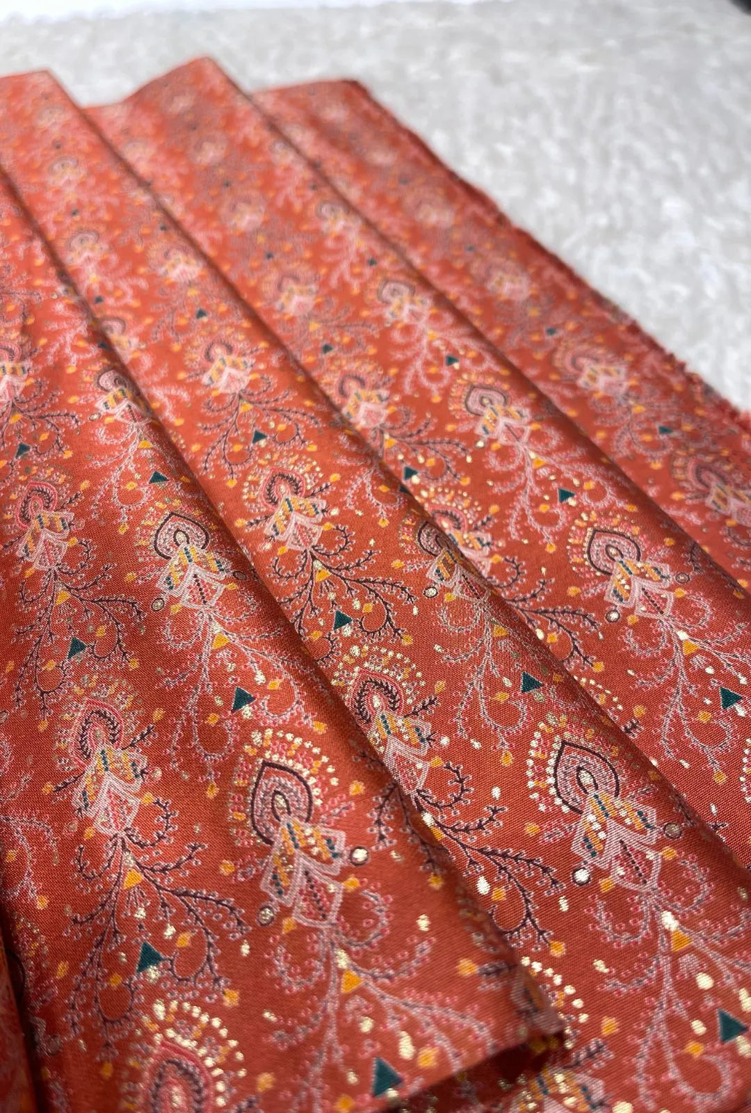 Exquisite Terracotta Red Chanderi Fabric With Botanical Motifs