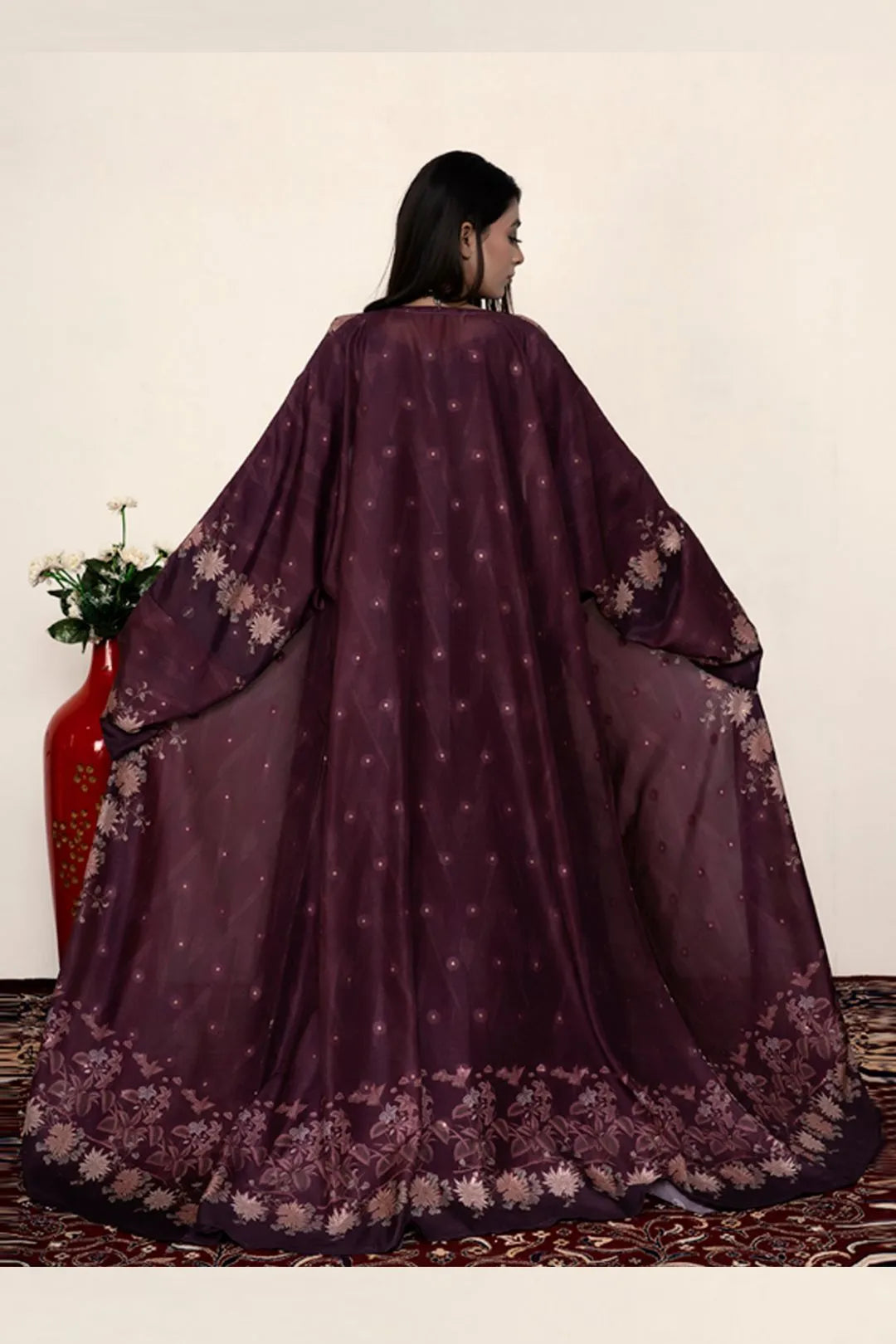 Floral Muslin Poly Open Abaya Shrug Elegant Modest Wear