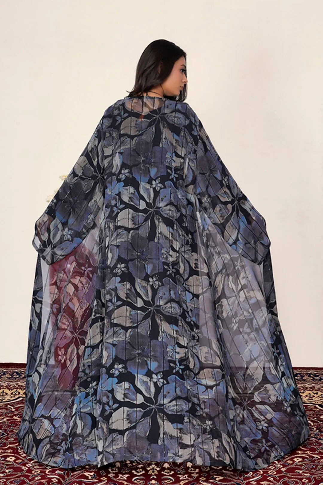Midnight Printed Chiffon Sequin Long Shrug Modest Wear For Women