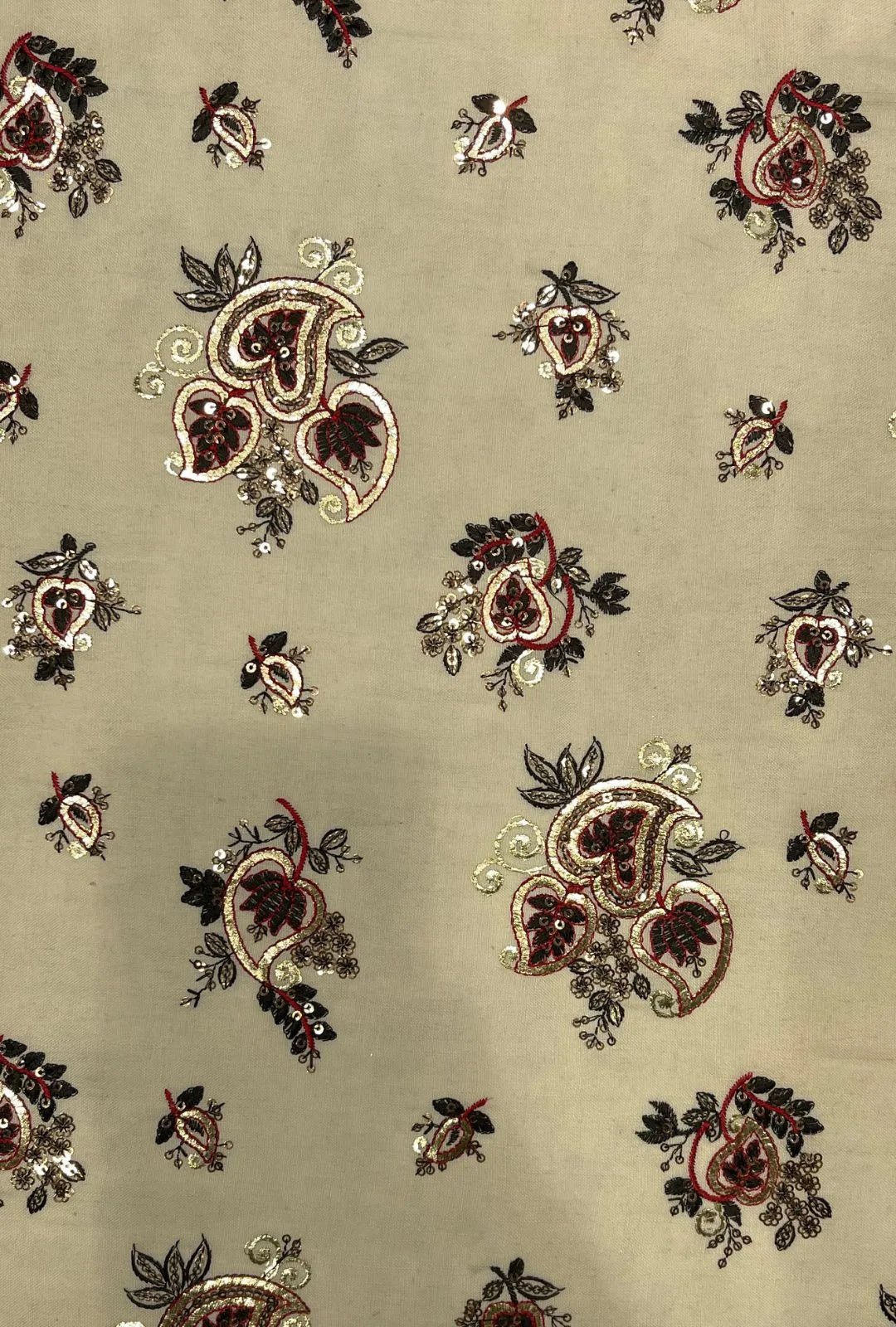 Off-White Cotton Fabric With Paisley Embroidery Work