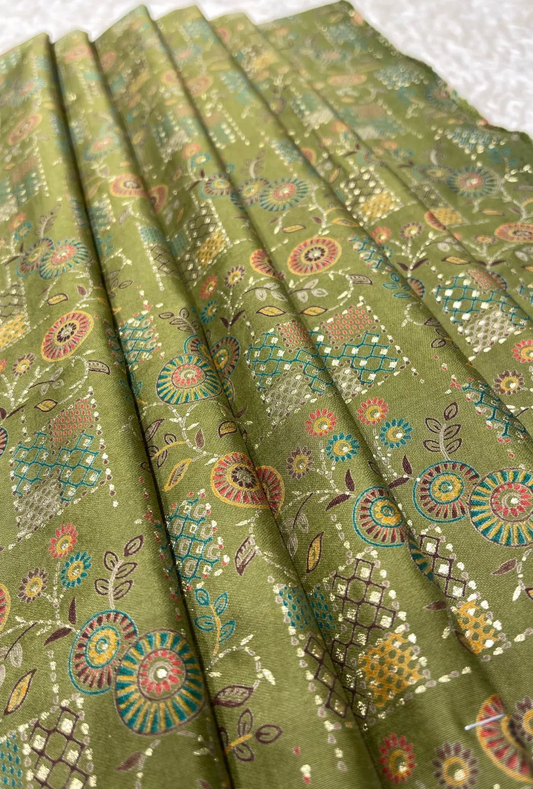 Olive Green Chanderi Fabric with Geometric & Circular Motifs