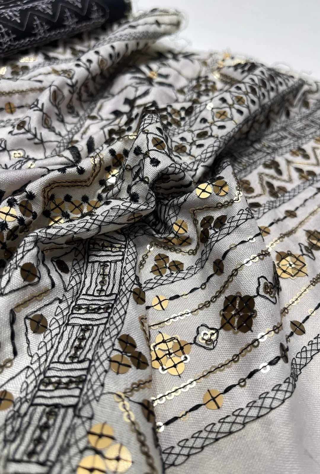 Ornate Tribal Embroidered Linen Luxury Hashimi Dress Fabric