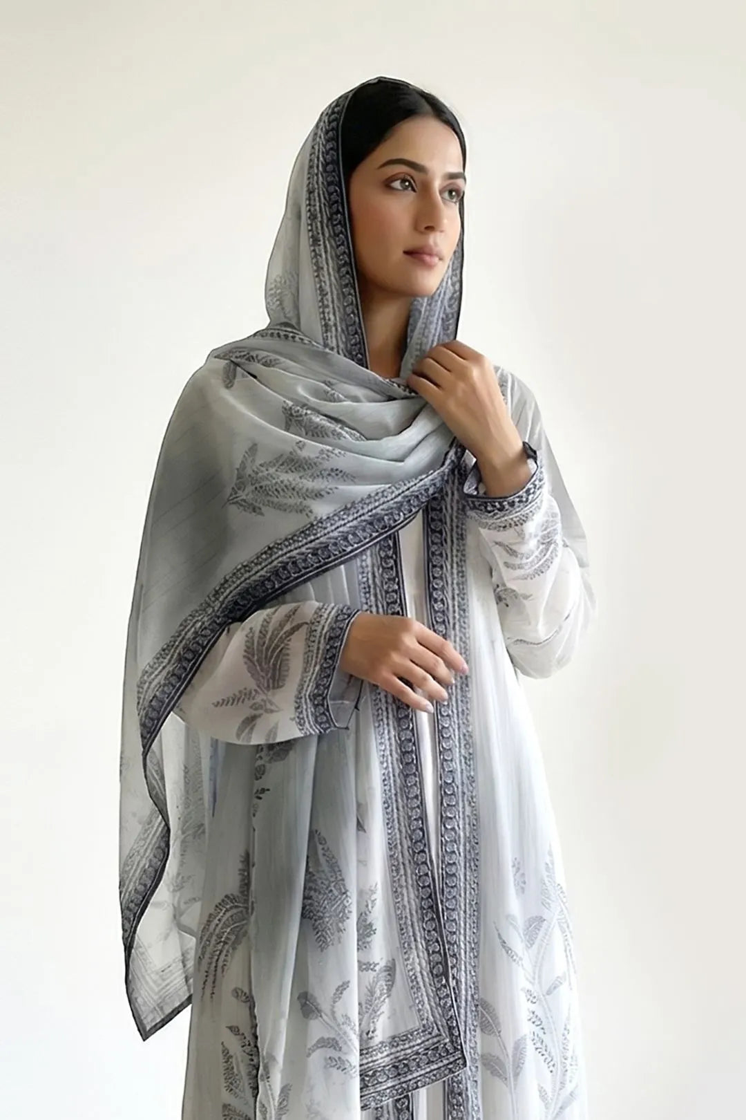 Pearl Grey Botanical Print Weightless Shrug Abaya Soft Elegant Flow