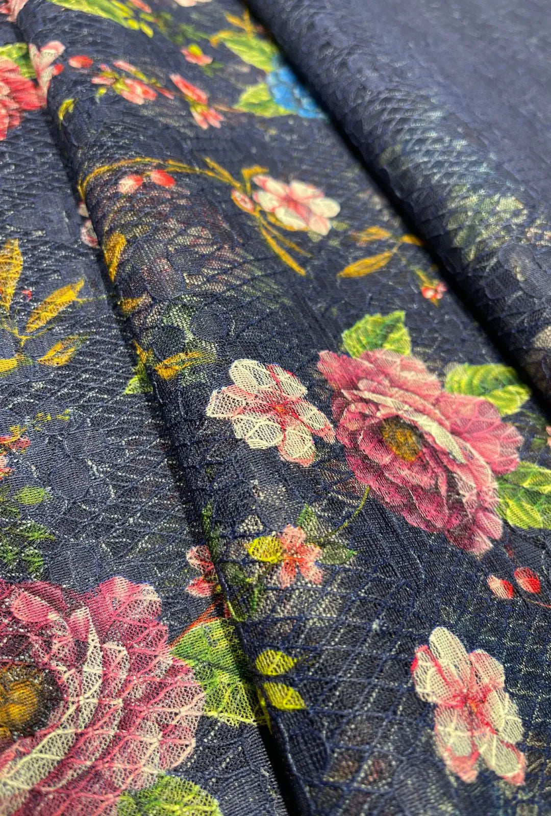 Printed Botanical Floral Patterns Textured Knit Russel Net Fabric