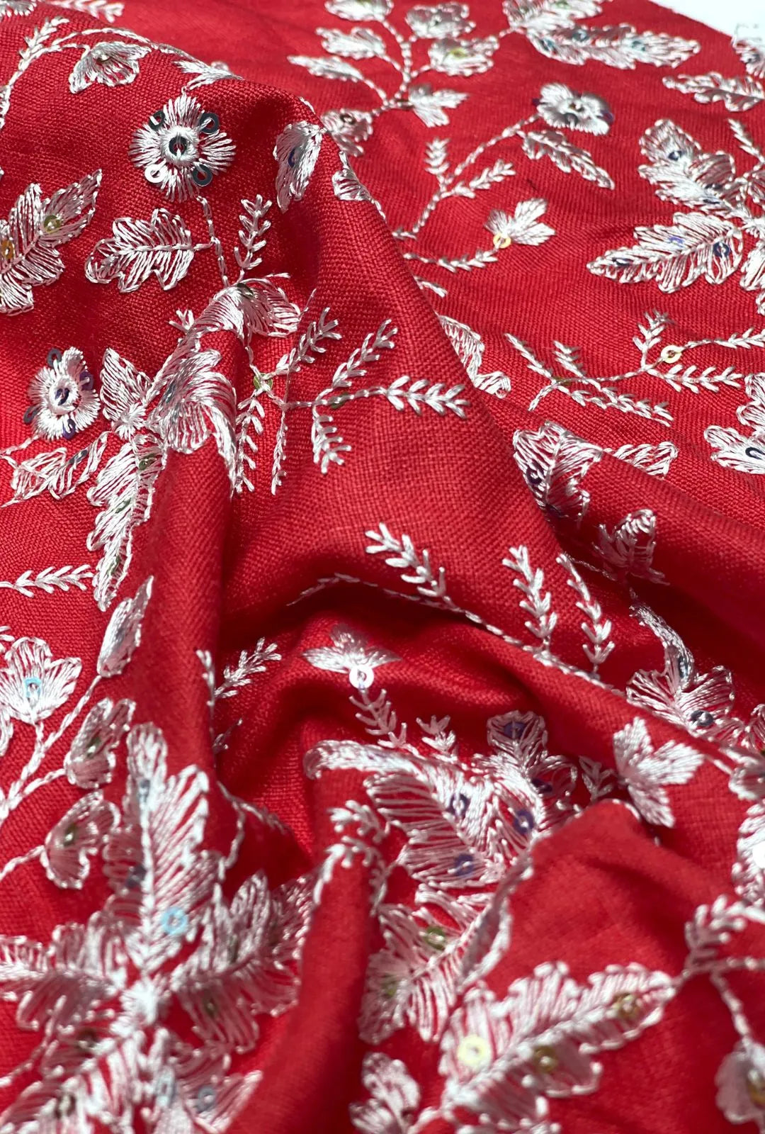 Red Slub Cotton Fabric With Embroidery And Sequence