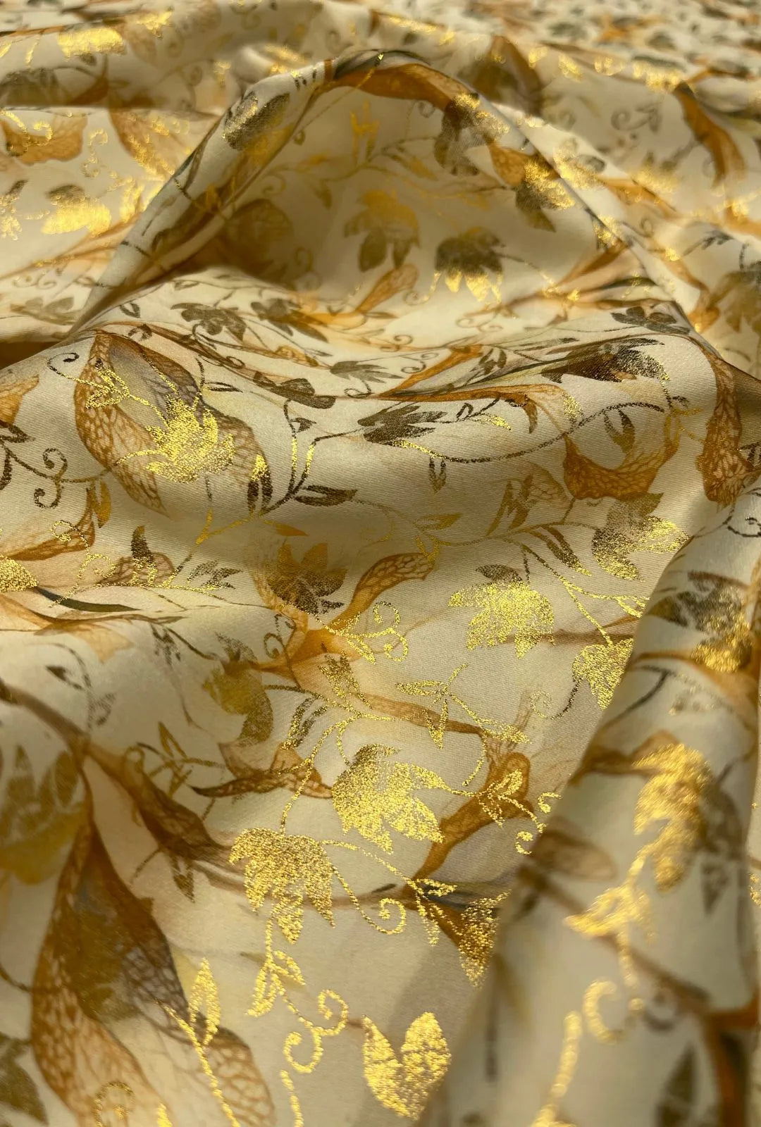 Satin With Foil Plant Branches Shapes Unstitched Dress Fabric
