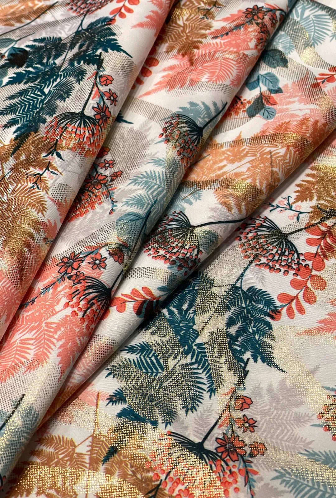 Satin with Foil Emblazoning Gilded Ferns Towards Unstitched Fabric
