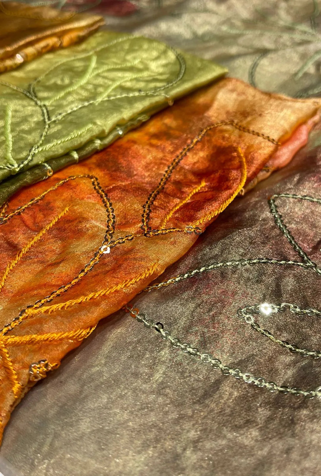 Sequin Corded Leaf Embroidered Crushed NC Satin Fabric