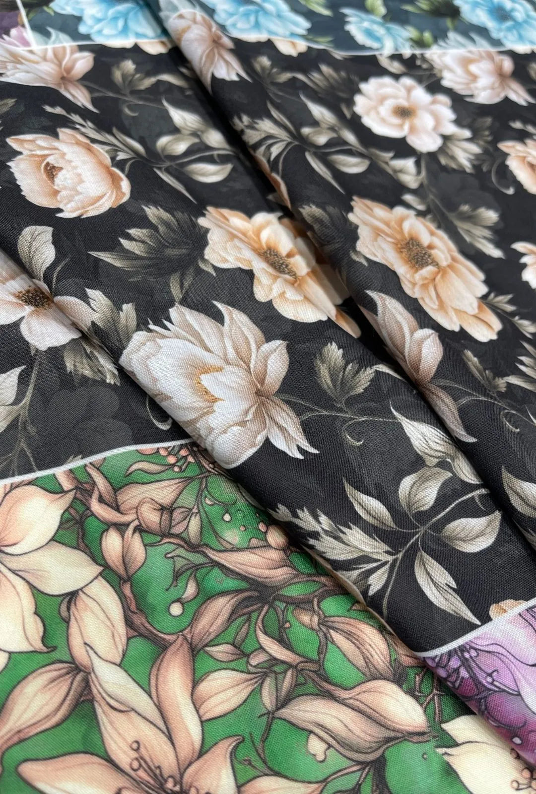 Striking Charcoal Paneled Floral Printed London Cotton Fabric