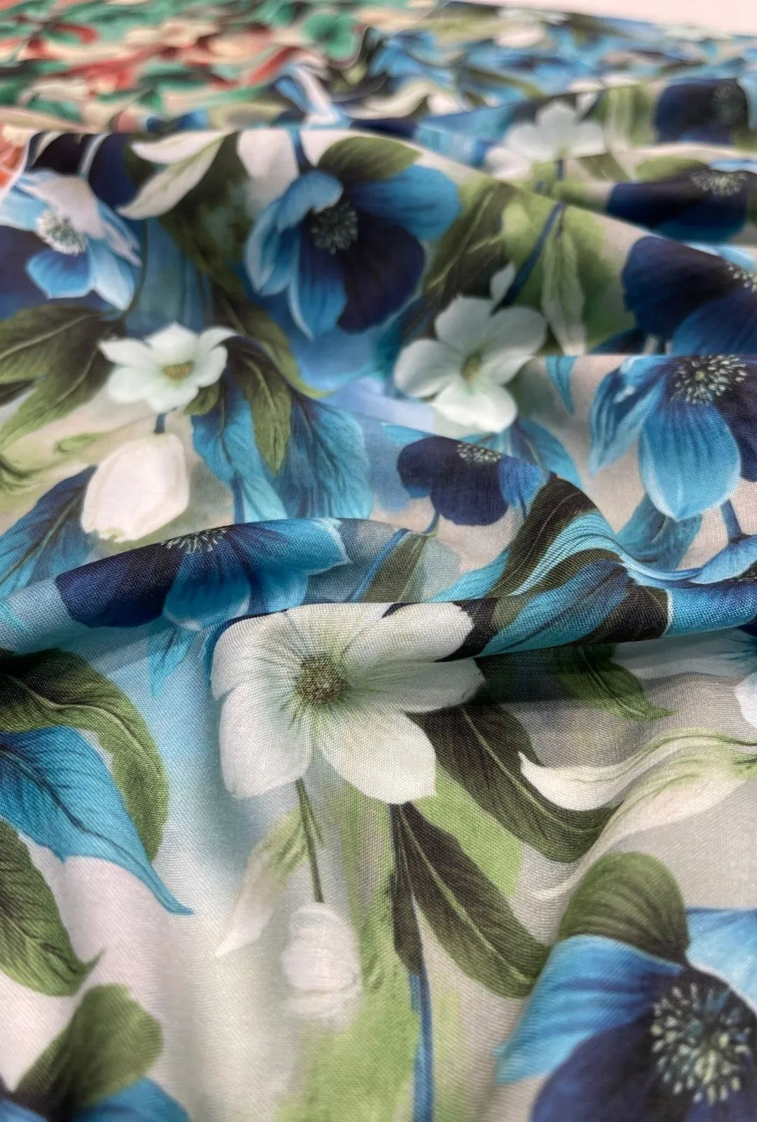 Stunning Blue Floral Printed London Cotton Luxury Gown Fabric
