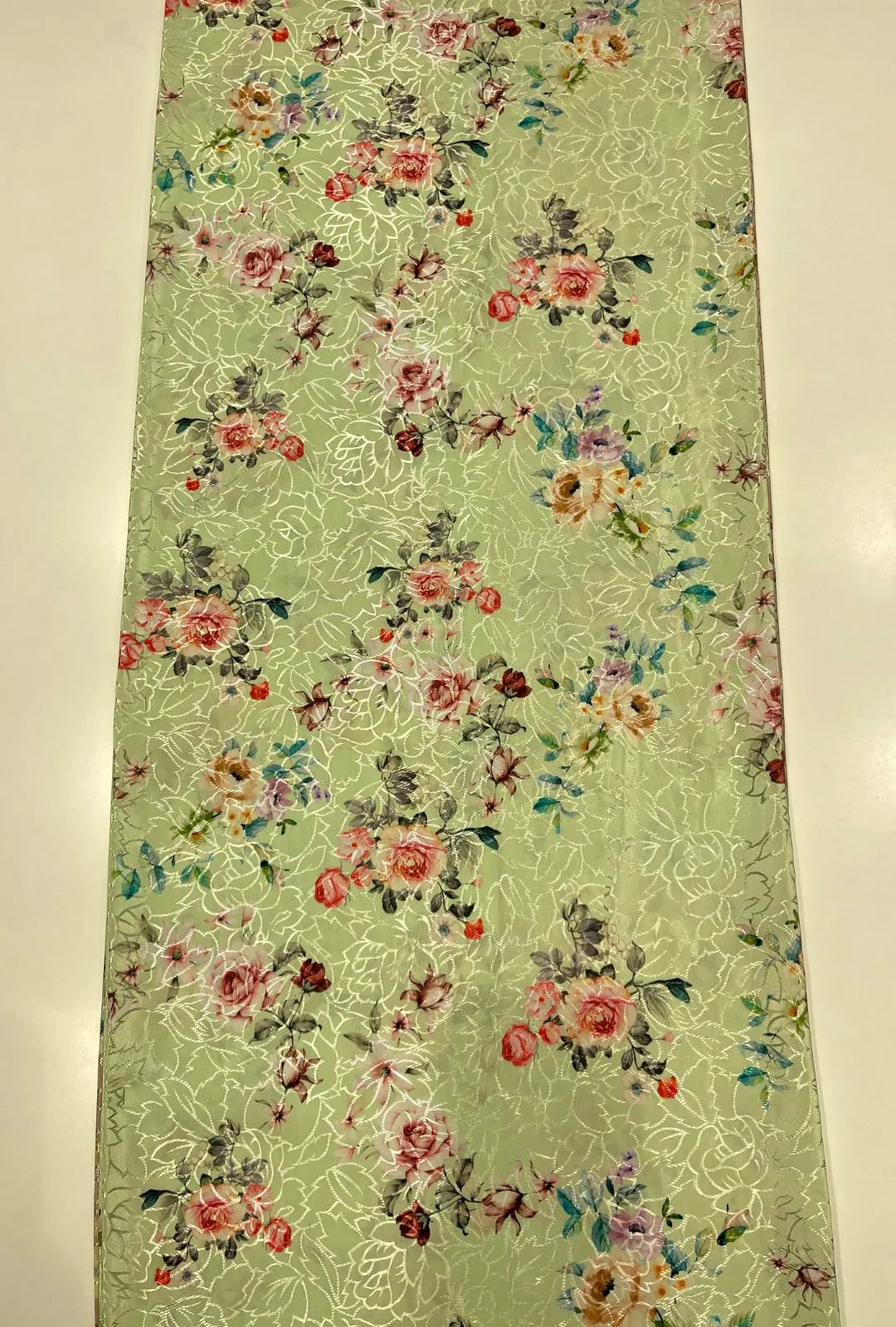 Tinted Satin Jacquard Segment Depicting Leaves Upon Ridged Meshes