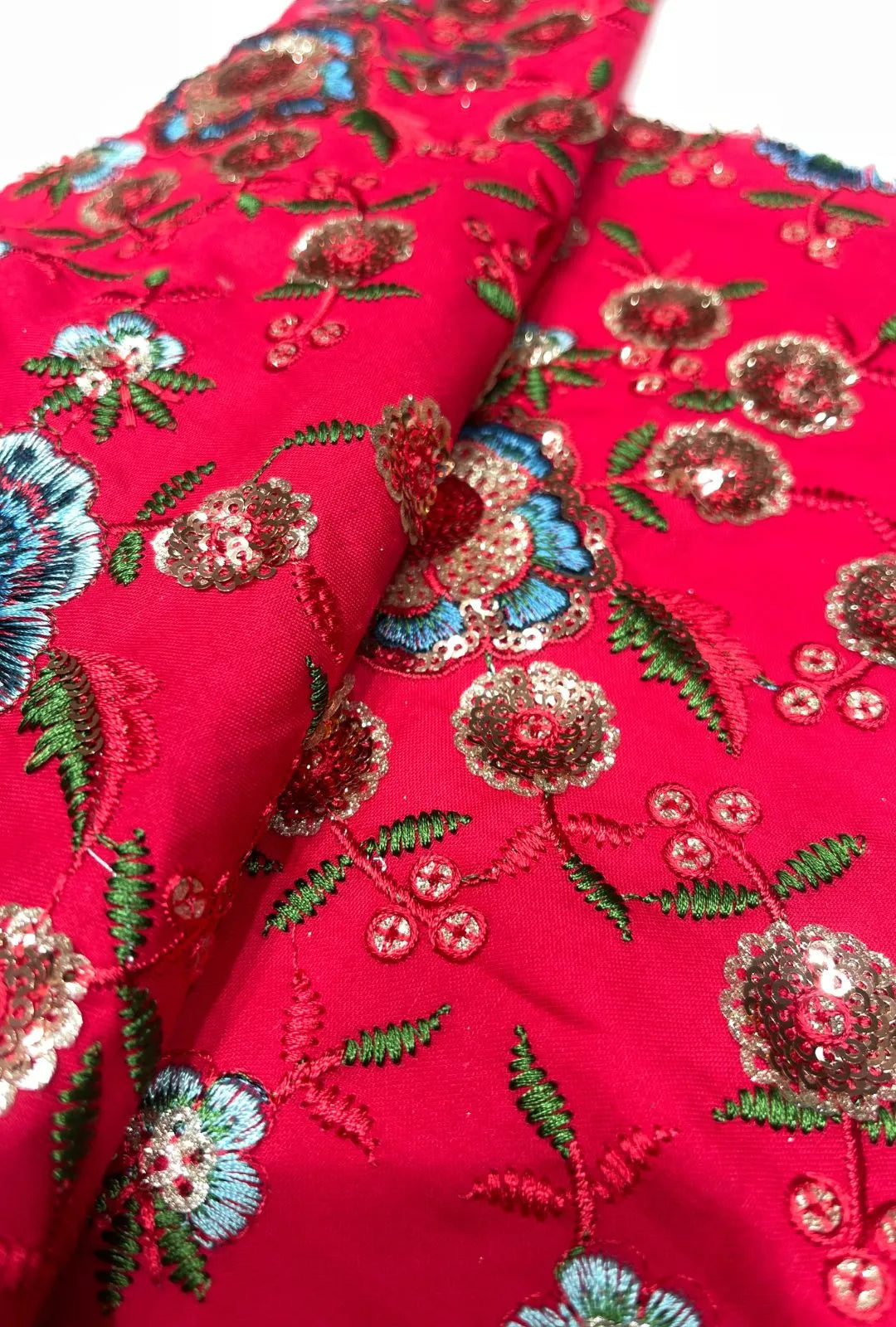 Vibrant Red Embroidered Cotton Fabric With Sequence Work