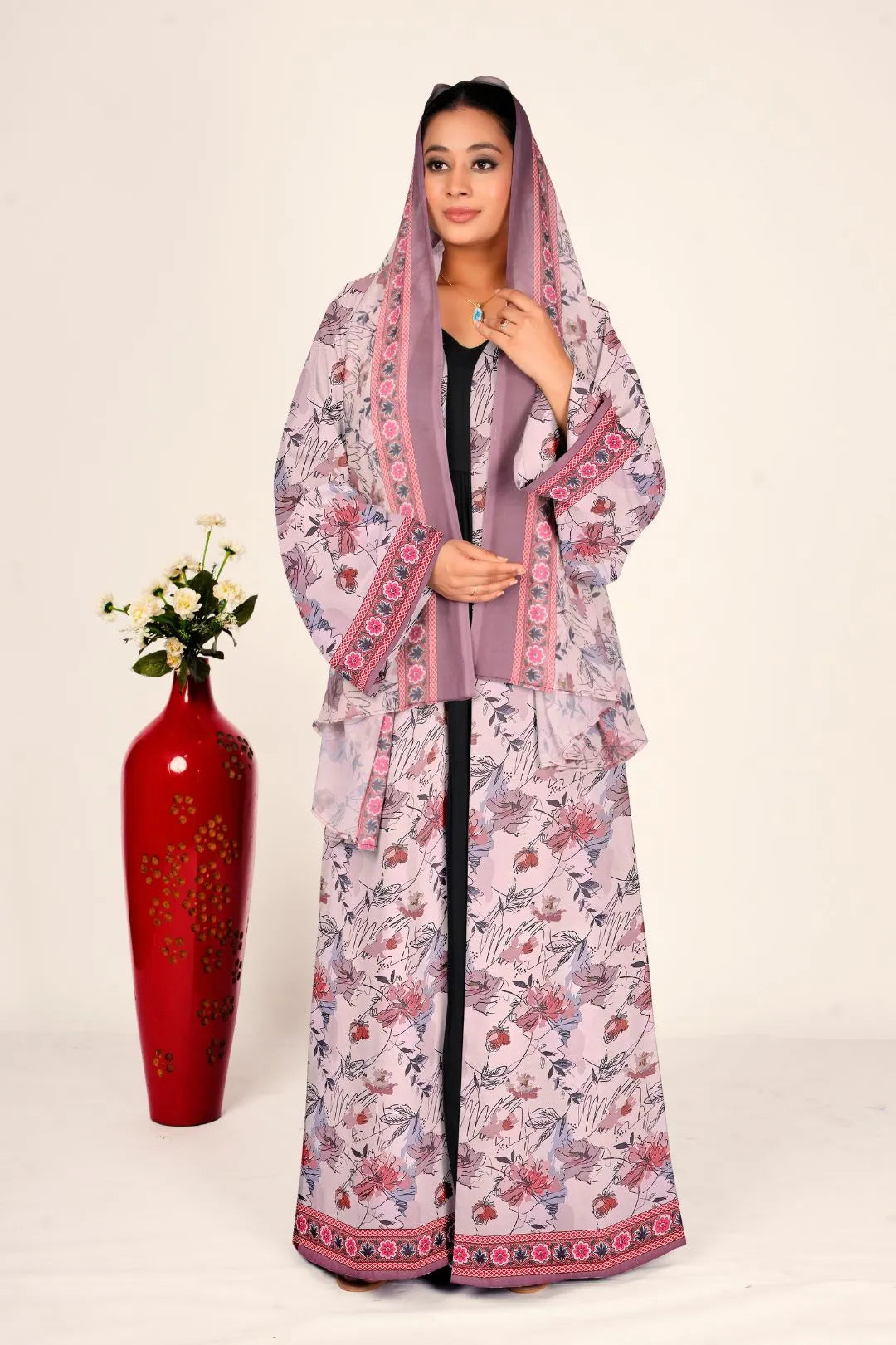 Women Chiffon Floral Long Shrug Open Front Full Length Modest Wear