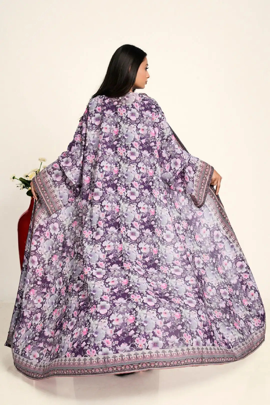 Women Chiffon Open Front Shrug Full Length Floral Modest Wear Outer Layer