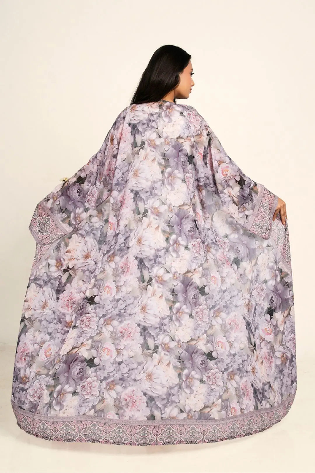 Women Chiffon Open Front Shrug Full Length Printed Modest Wear Abaya