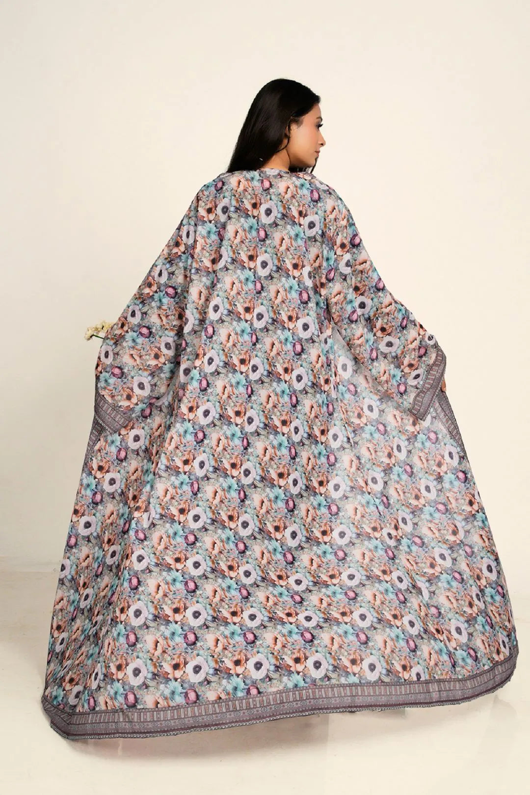 Women Chiffon Open Front Shrug Full Length Printed Modest Wear Overlay