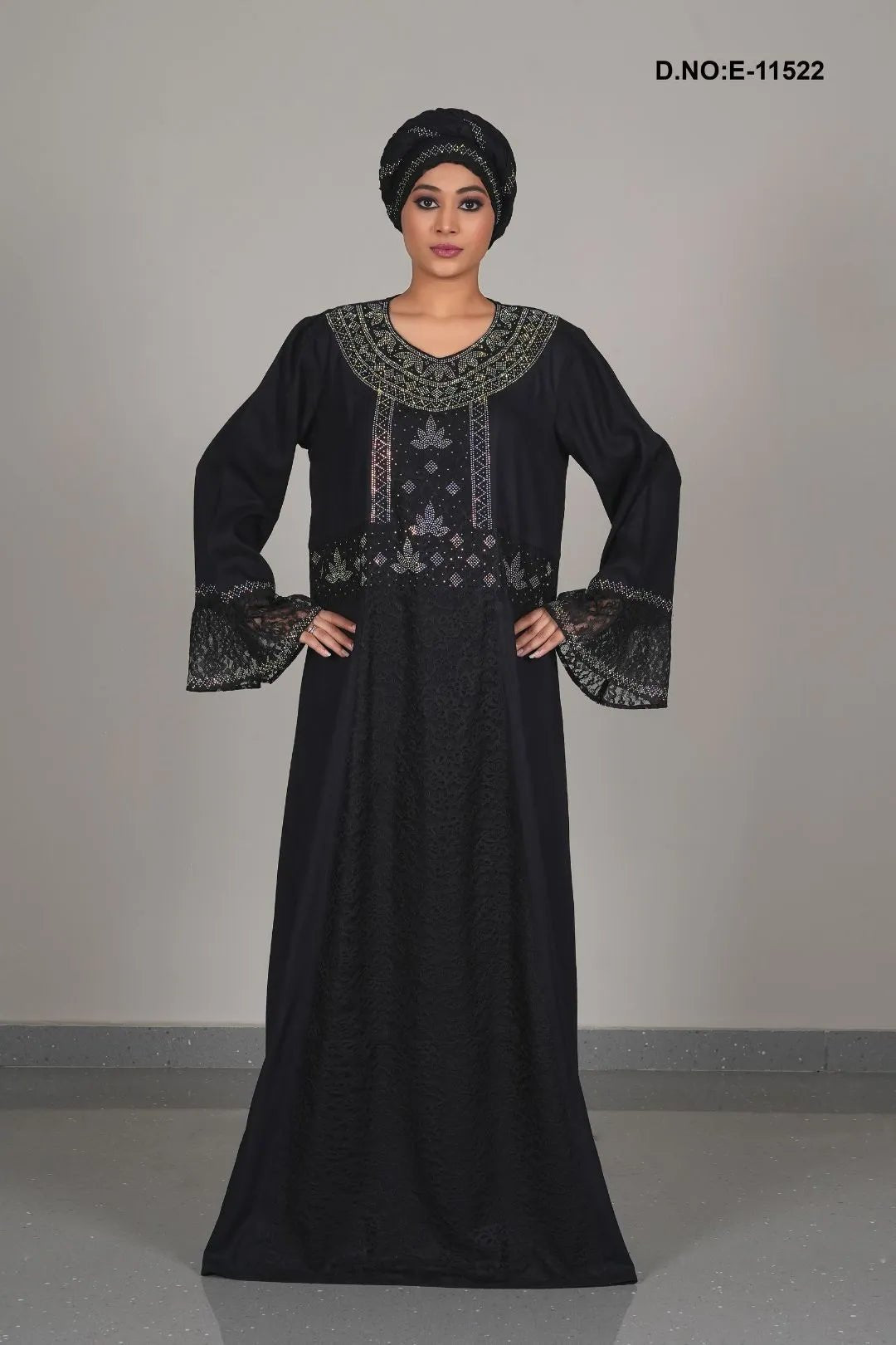 Black Kaftan Abaya with Multi-Tone Beaded Yoke and Lace - غاجي والا إكسبورت Gajiwala Export