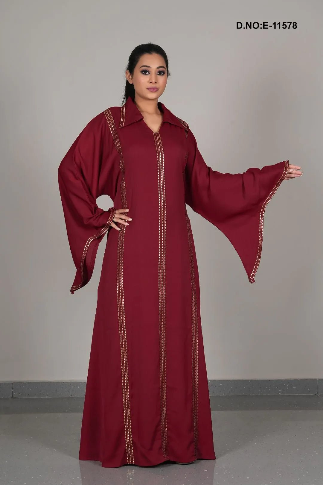 Maroon Embroidered Abaya Maxi Dress V-Neck Elegant Women’s Abaya - غاجي والا إكسبورت Gajiwala Export