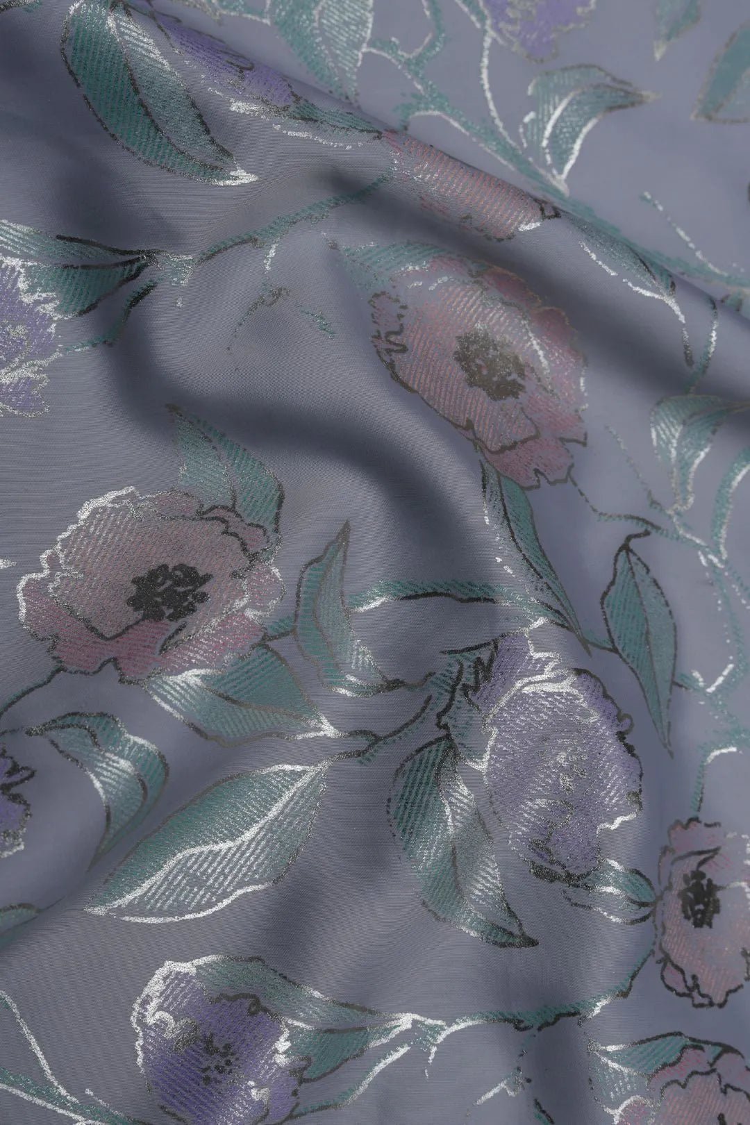 Multi - Toned Floral and Gray Foil Print Fabric - غاجي والا إكسبورت Gajiwala Export