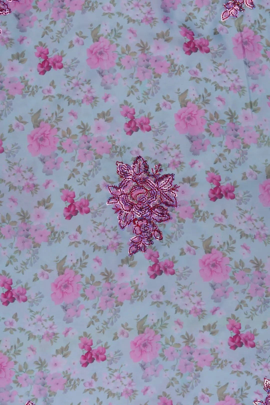Sea Green Floral Printed Fabric with Raspberry Sequin Embellishment - غاجي والا إكسبورت Gajiwala Export