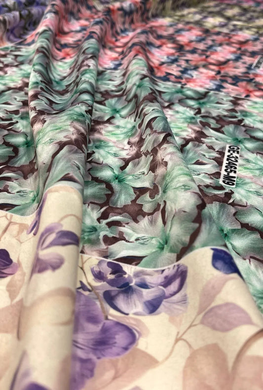 Abstract Botanicals Motif Printed Polished Baby Satin Woven Cloth