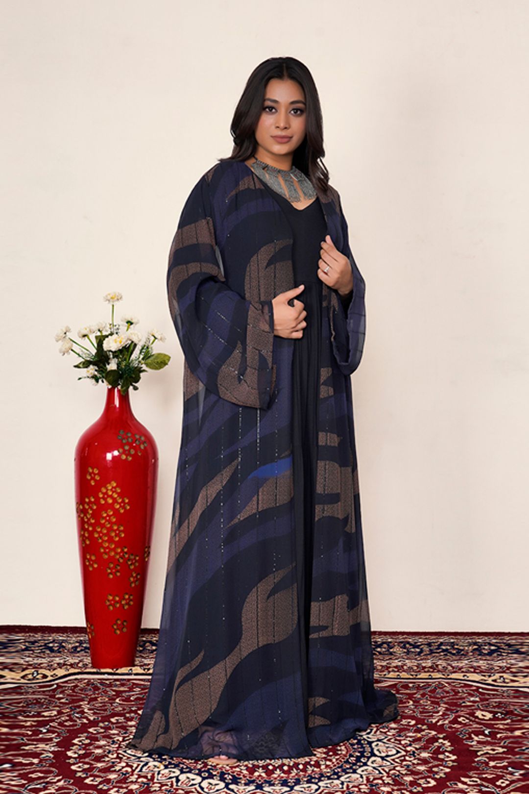 Abstract Stripe Chiffon Sequin Flow Shrug Elegant Modest Wear
