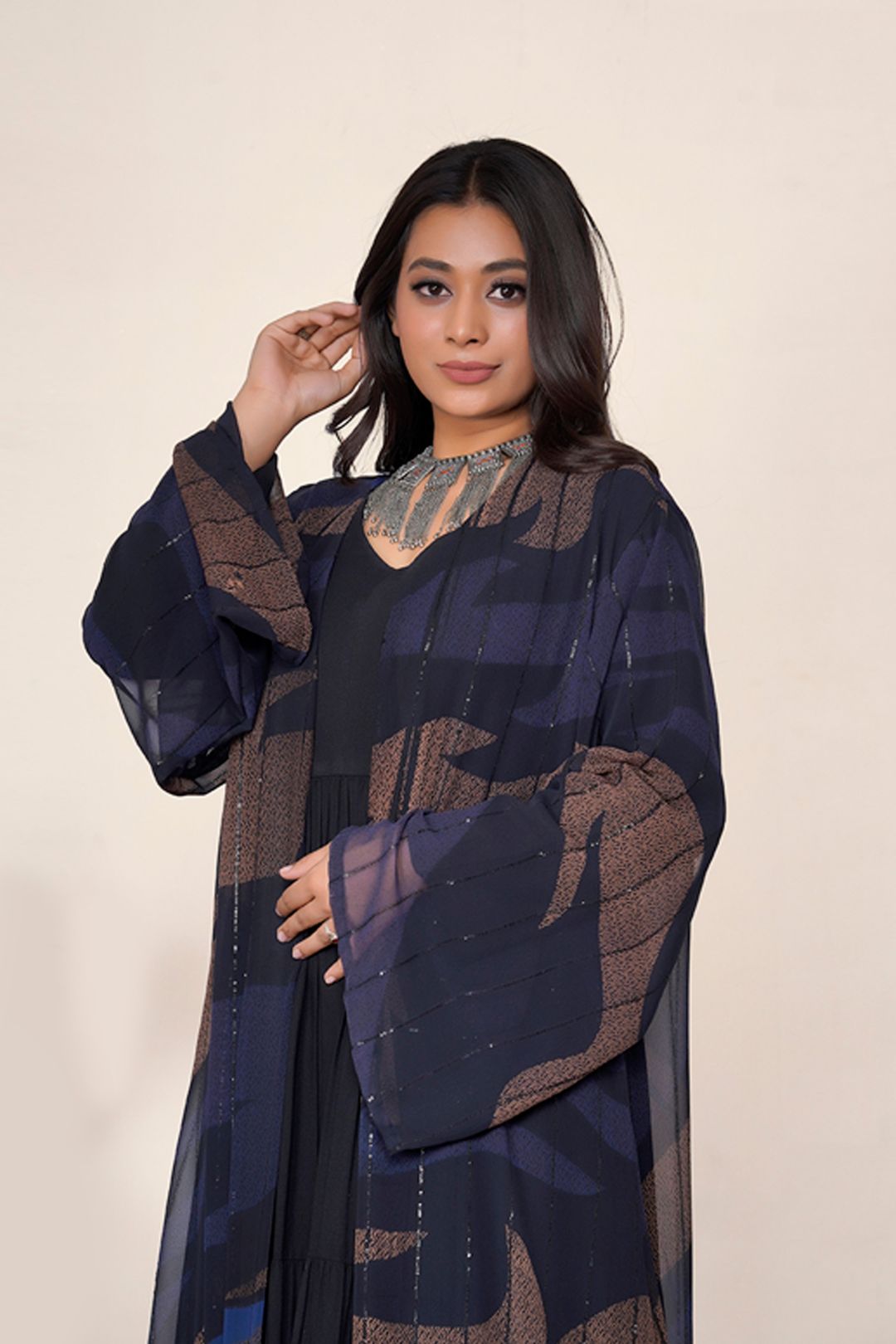 Abstract Stripe Chiffon Sequin Flow Shrug Elegant Modest Wear
