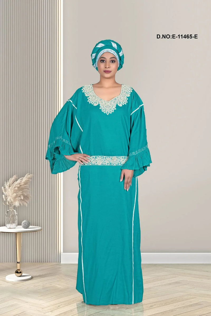 Aqua Blue Designer Plain Lace Embroidered Long Kaftan Gown