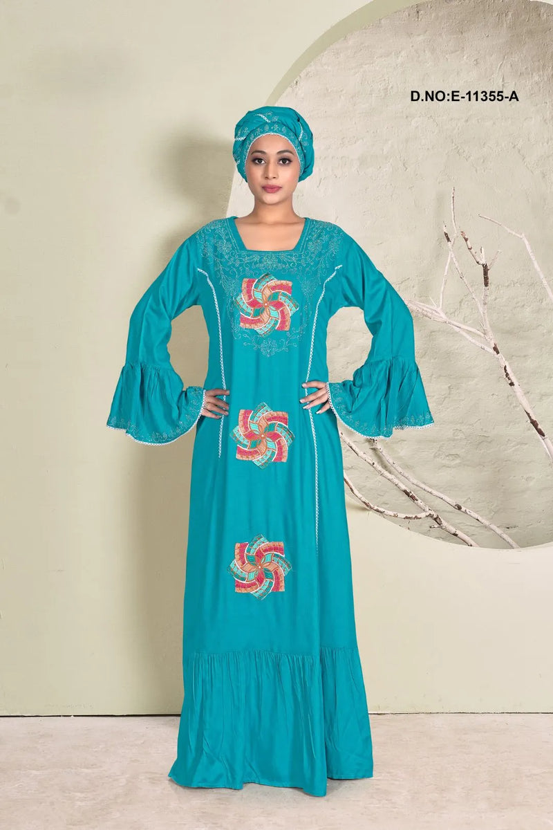 Aqua Blue Faux Gorgeous Embroidered Readymade Kaftan