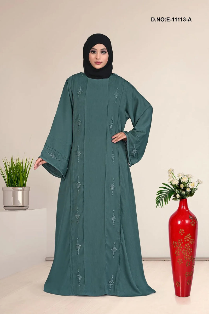 Aqua Blue Gorgeous Hand Work Satin Silk Abaya For Women