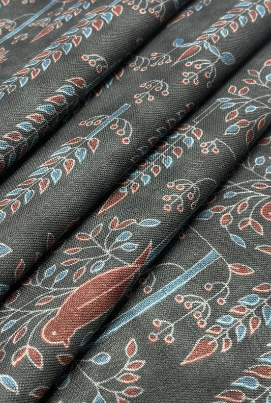 Artistic Avian Pattern Linen With Digital Print Fabric Yardage