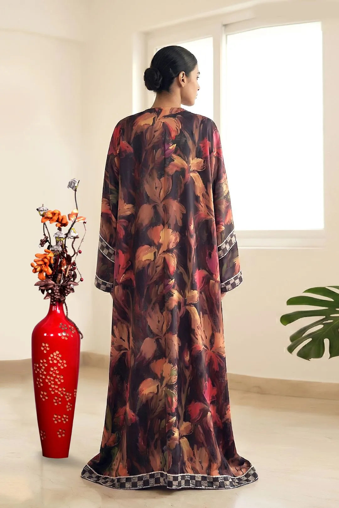 Autumn Floral Armani Satin Shrug Abaya Designer Border Look