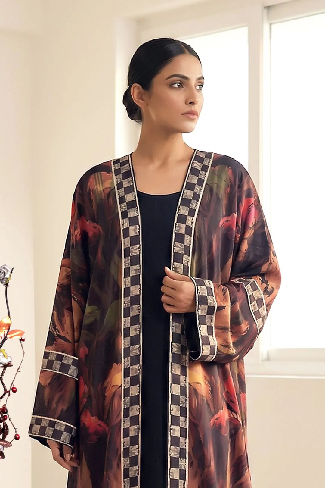 Autumn Floral Armani Satin Shrug Abaya Designer Border Look