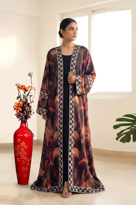 Autumn Floral Armani Satin Shrug Abaya Designer Border Look