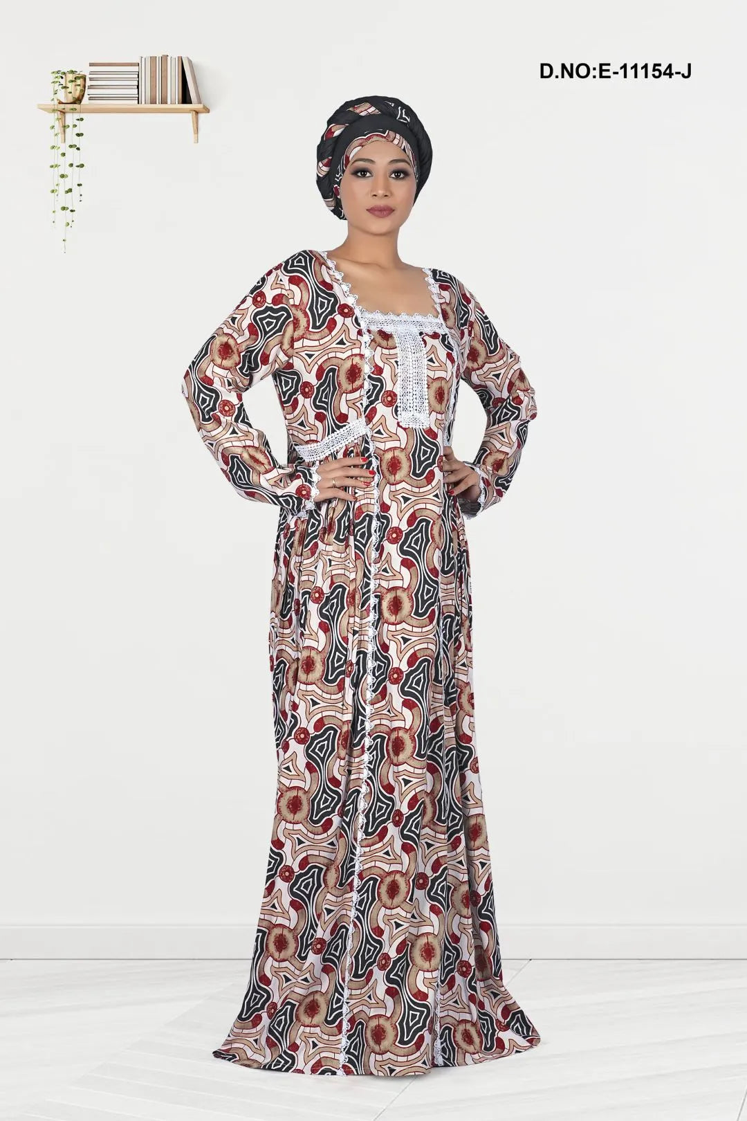 Beige Flower Printed African Kaftan With Stole For Women