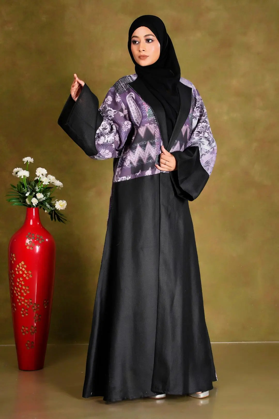 Black Long Shrug with Purple Printed Detailing