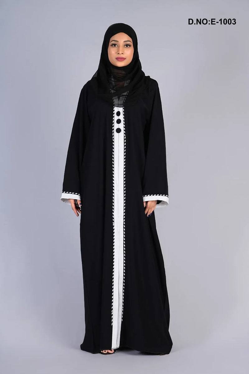 Black Abaya With White Design And Stole