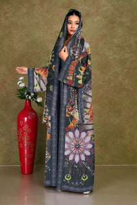 Woman wearing a colorful floral-patterned shrug gajiwala export