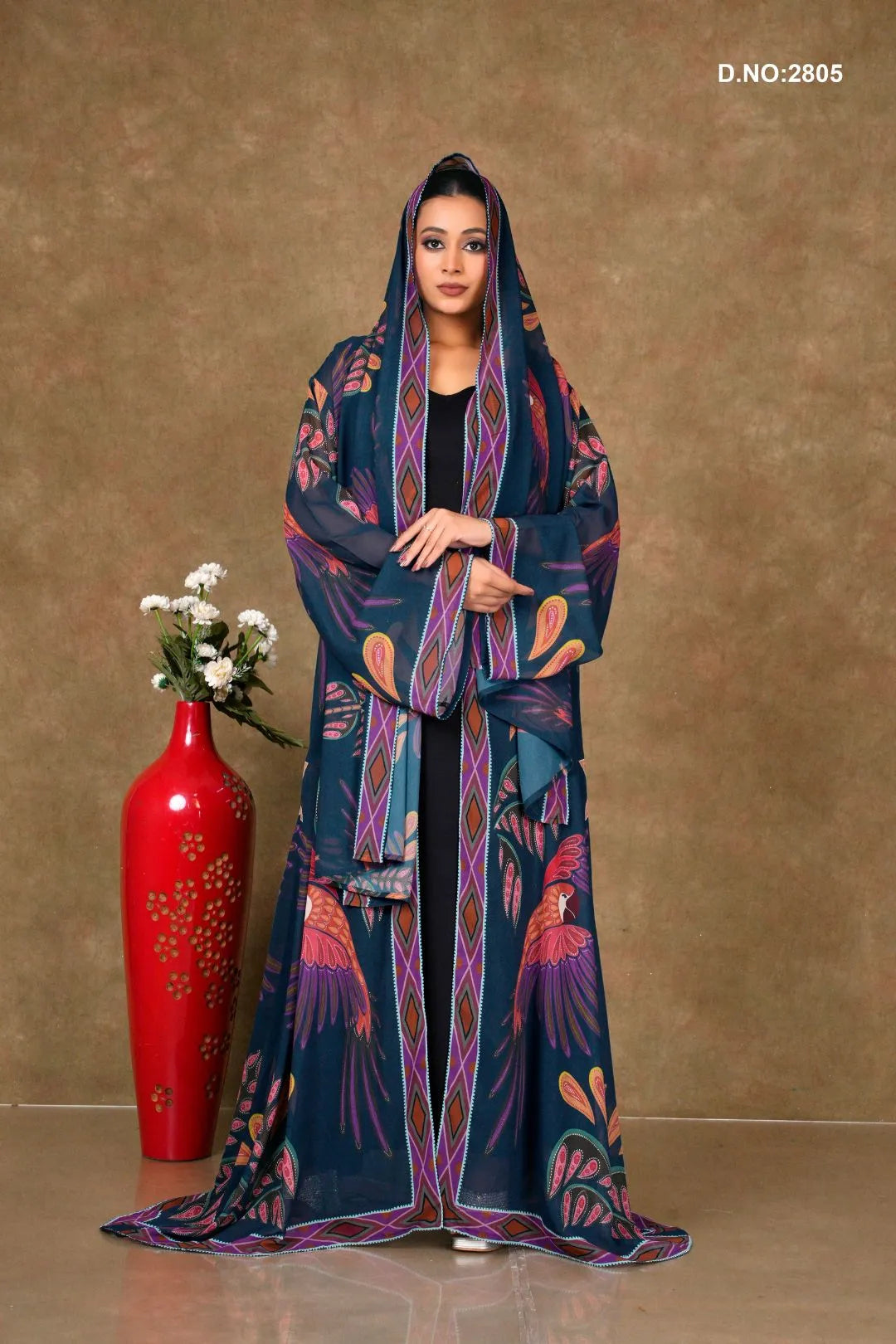 Black Chiffon Shrug Set with Tribal Motif Print and Diamond Trim