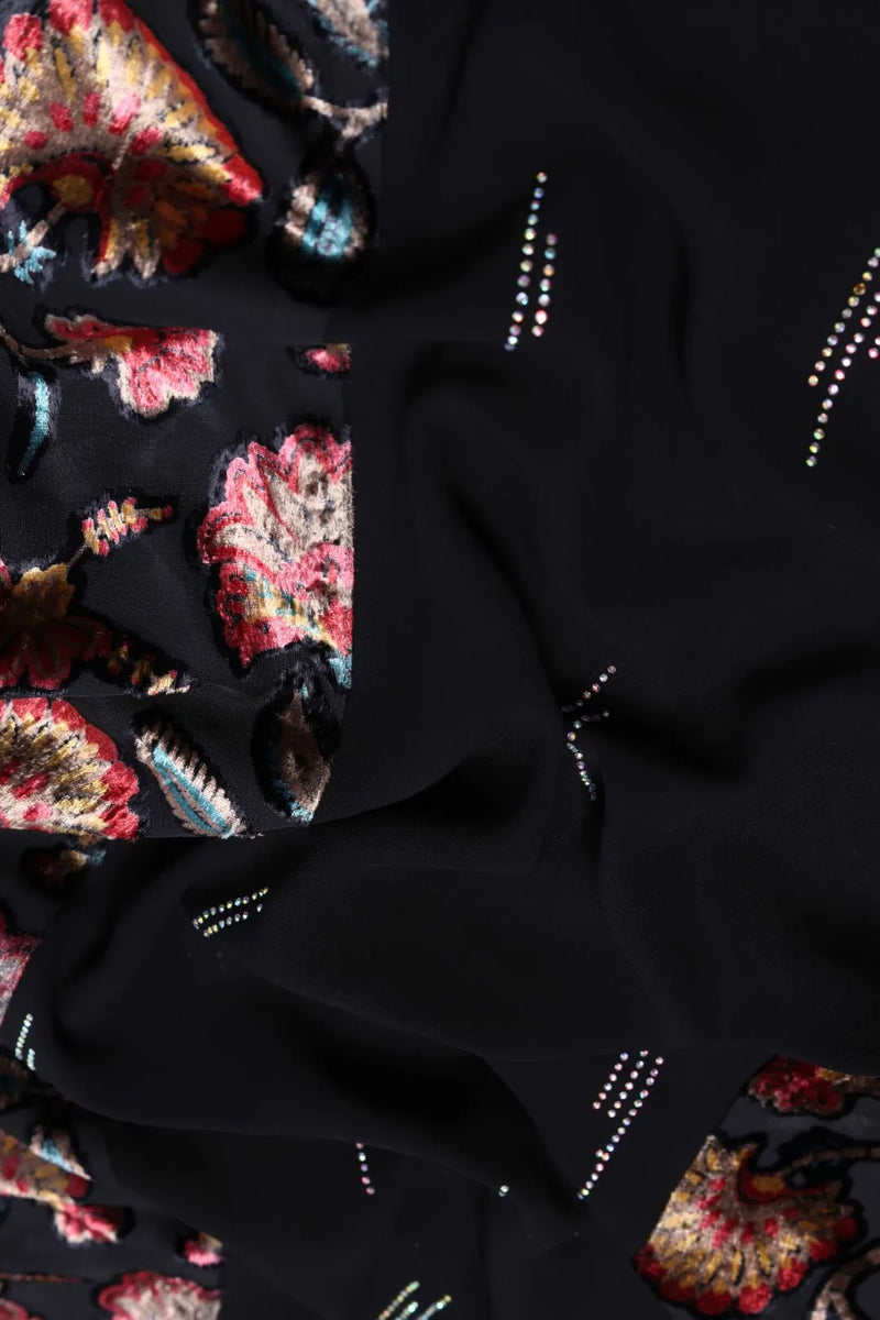 Black Florer Bordered Stole For Abaya