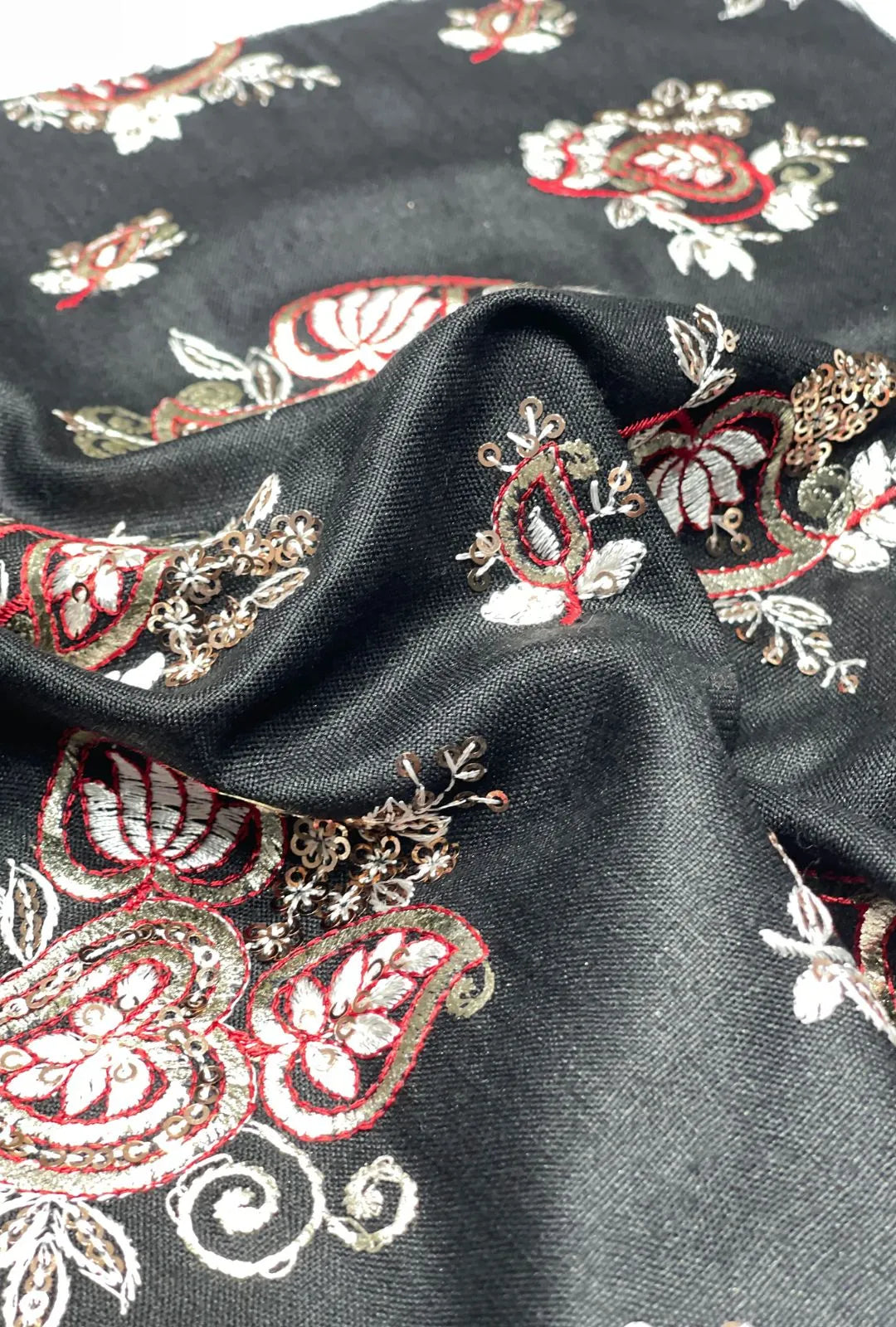 Black Cotton Fabric With Silver And Red Embroidery