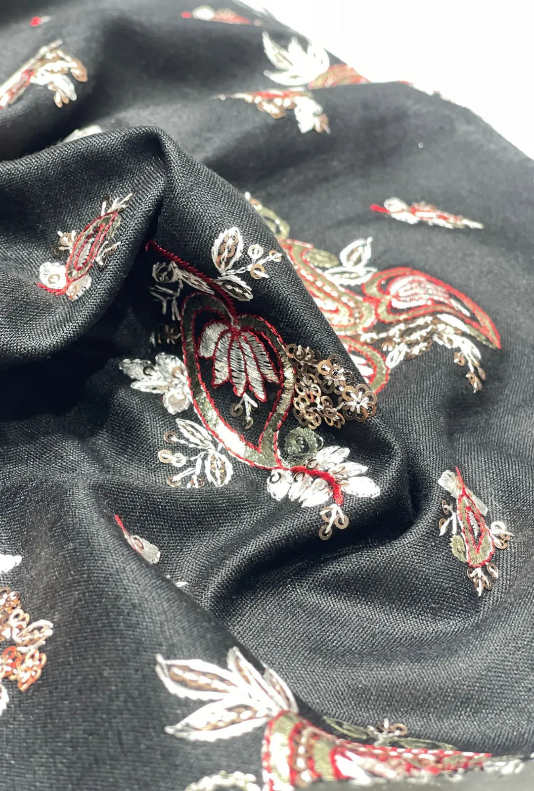 Black Cotton Fabric With Silver And Red Embroidery