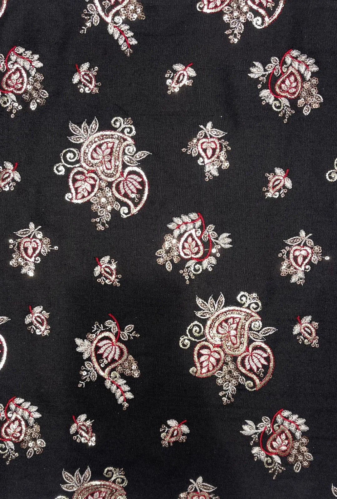 Black Cotton Fabric With Silver And Red Embroidery