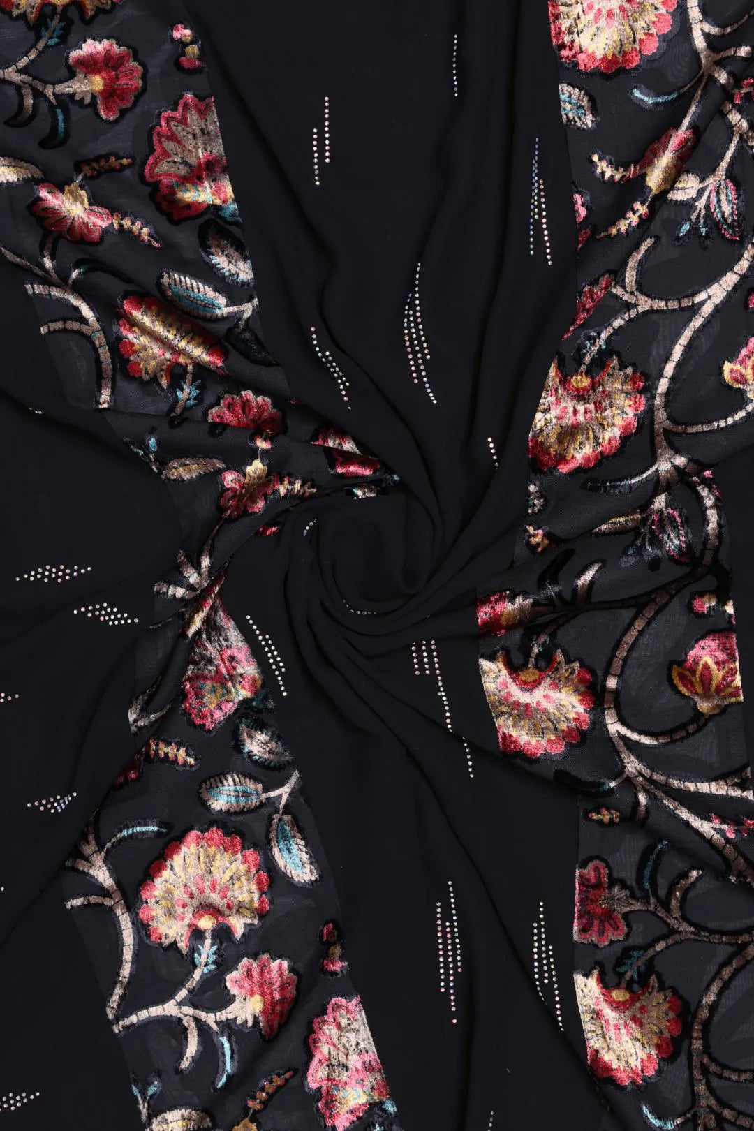 Black Florer Bordered Stole For Abaya