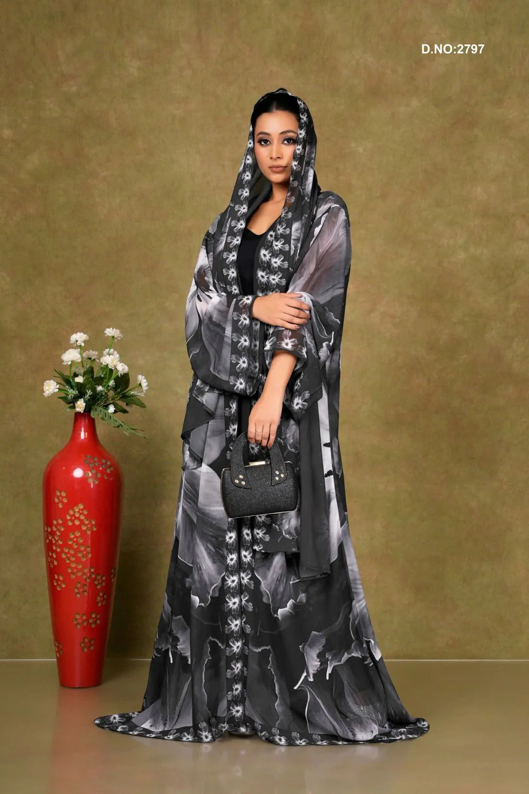 Black Graceful Floral Printed Shrug with Elegant Drape