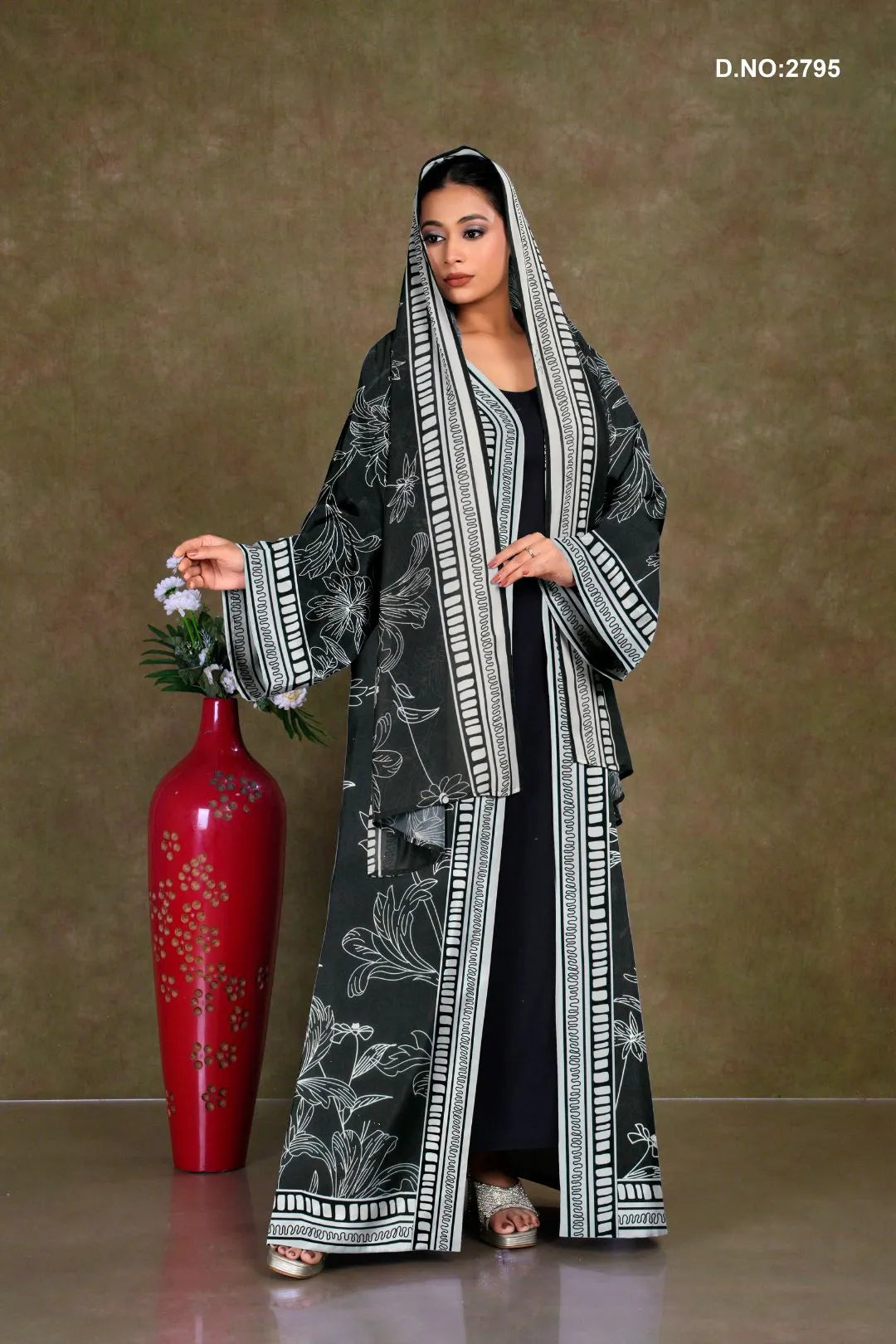 Black Graceful Long Shrug with Floral Print Detailing