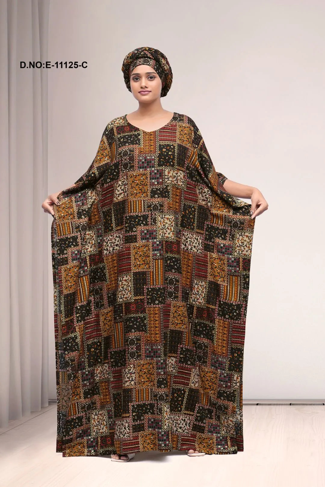 Black Patch Design Kaftan With Stole For Women